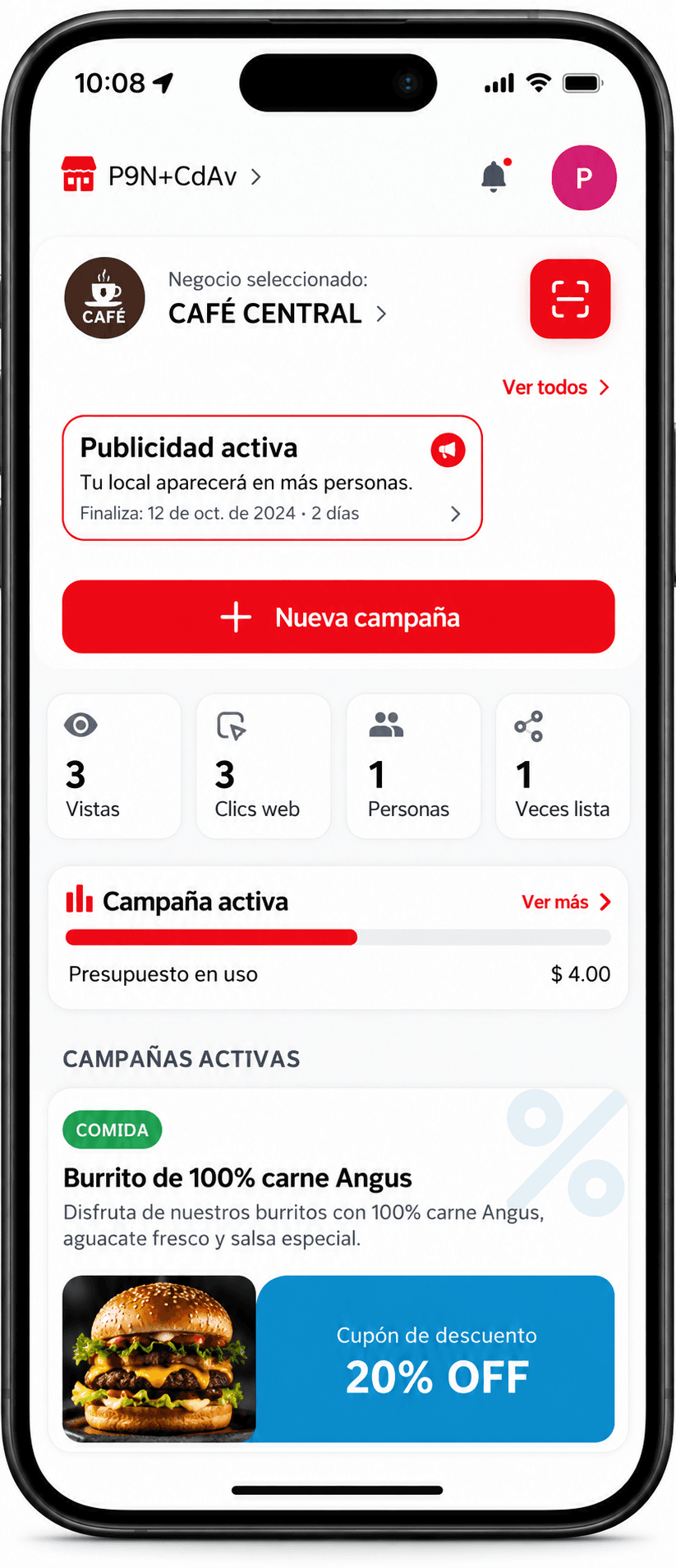 Vista reconstruida de Ponte11 Trader: negocio seleccionado, nueva campaña, indicadores y campañas activas